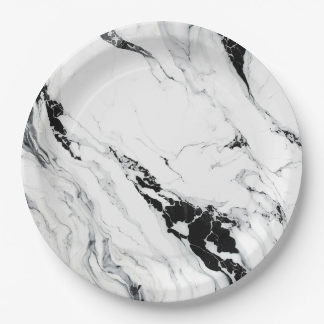 Elegant abstract black and white marble stone paper plates (Front)