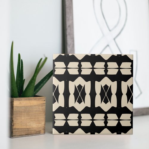 Elegant Abstract Black  Beige Geometric Pattern Ceramic Tile