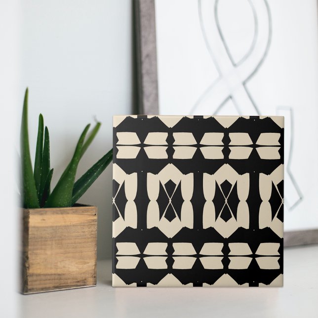 Elegant Abstract Black & Beige Geometric Pattern Ceramic Tile (Creator Uploaded)