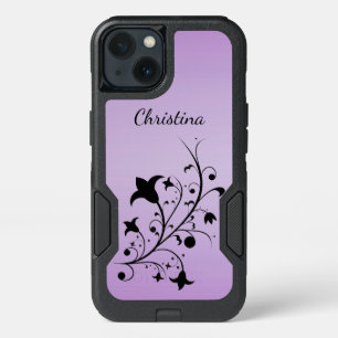 Elegant Abstract black Flowers on Stem on Purple iPhone 13 Case