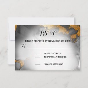 *~* Elegant Abstract Black Gray Gold Glitter RSVP Card