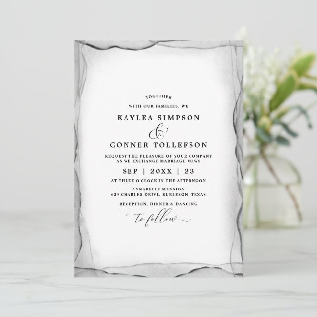 Elegant Abstract Black & White Wedding Watercolor Invitation (Standing Front)