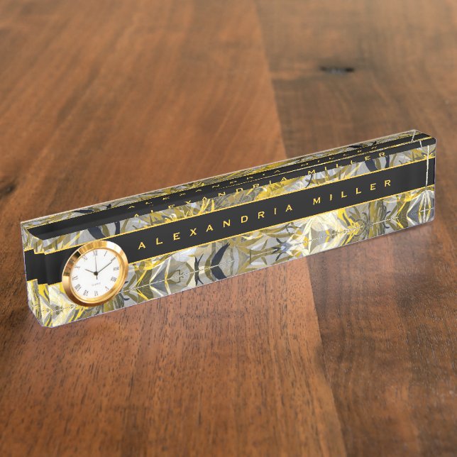 Elegant Abstract Black & Yellow Floral | Clock Desk Name Plate (Side)