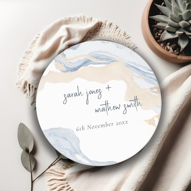Elegant Abstract Blue Beige Coastal Beach Wedding Round Paper Coaster (Creator Uploaded)
