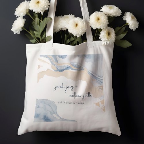 Elegant Abstract Blue Beige Coastal Beach Wedding Tote Bag