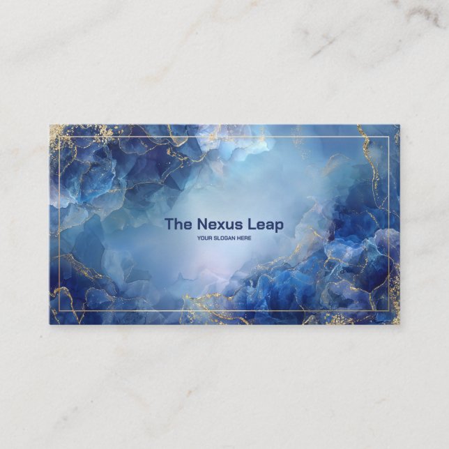 Elegant Abstract Blue Gold Marble Fluid Art Business Card (Front)