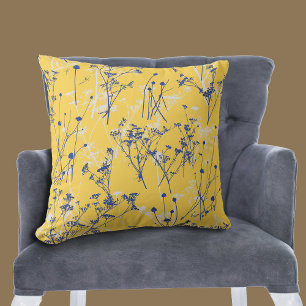 Elegant Abstract Blue Wildflowers Mustard Yellow Throw Pillow