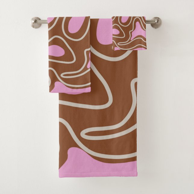 Elegant Abstract Brown Pink Wavy Stripe Modern  Bath Towel Set (Insitu)