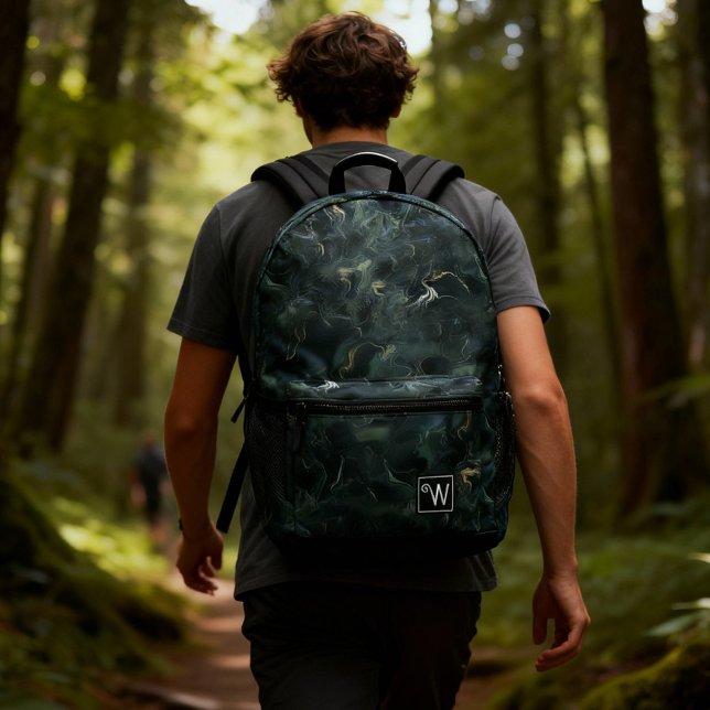 Elegant Abstract Dark Green  Tie Dye Pattern Printed Backpack (Masculine dark green backpack with a tie-dye marble motif printed on it.)