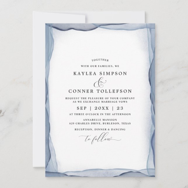 Elegant Abstract Dusty Blue Wedding Watercolor Invitation (Front)