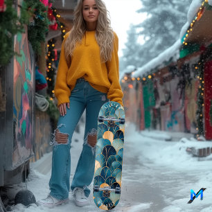 Elegant Abstract Fan Pattern in Contemporary Blue Skateboard