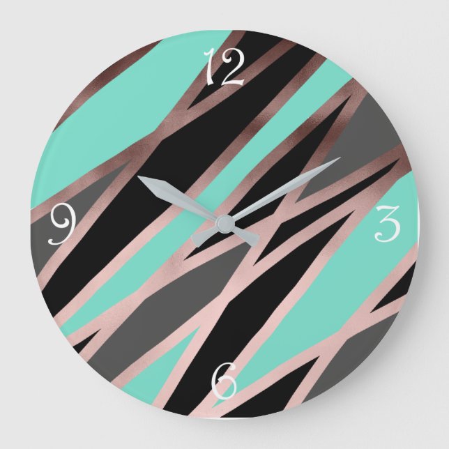 elegant abstract faux rose gold black grey mint large clock (Front)