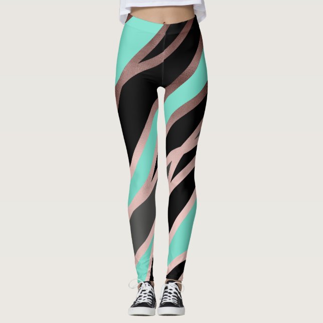 elegant abstract faux rose gold black grey mint leggings (Front)