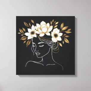Elegant Abstract Female Line Art with Gold Floral  Canvas Print