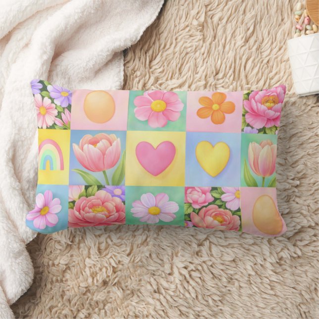 Elegant Abstract Floral Checkerboard Pattern  Lumbar Pillow (Blanket)