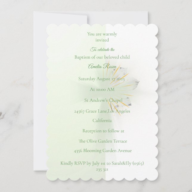 Elegant Abstract Floral Cross Baptism invitation  (Front)