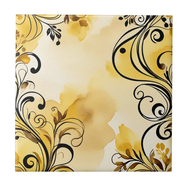 Elegant Abstract Floral Watercolor Yellow Ceramic Tile (Front)