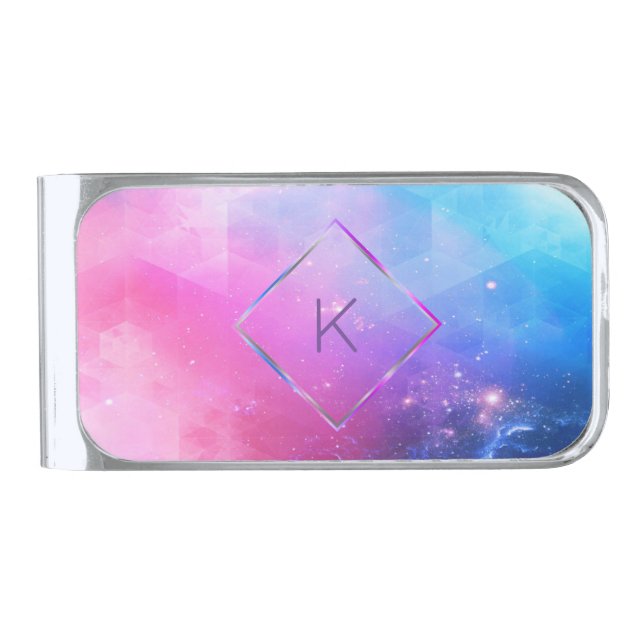 Elegant Abstract Galaxy Geometric Monogram Silver Finish Money Clip (Front)