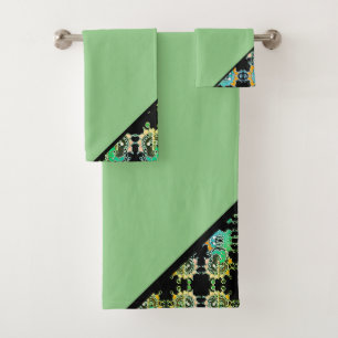 Elegant Abstract Geometric Pattern Green Bath Towel Set