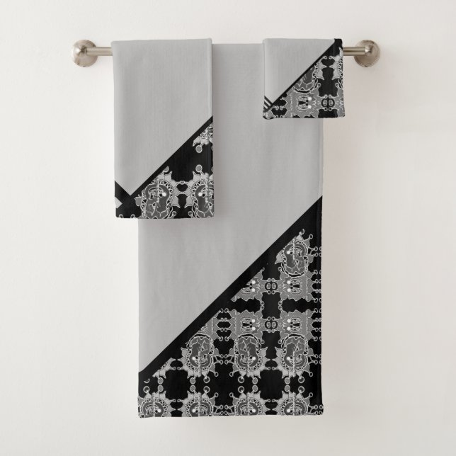Elegant Abstract Geometric Pattern Grey Var Bath Towel Set (Insitu)