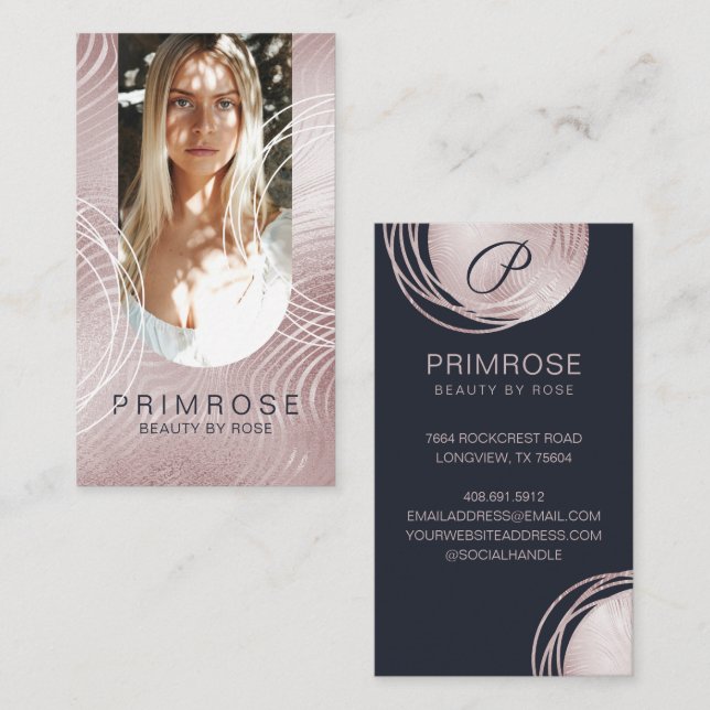 Elegant Abstract Glam Rose Gold Monogram Photo Business Card (Front/Back)