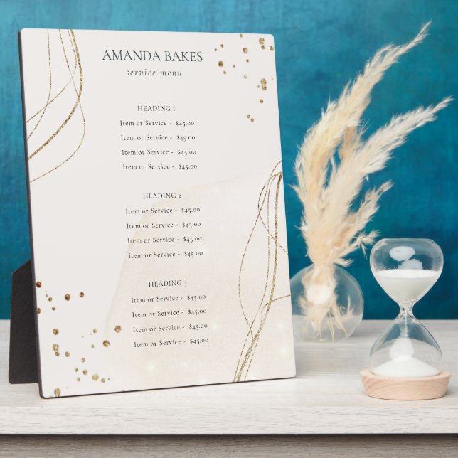 Elegant Abstract Glitter Ivory Gold Price Service Plaque (Side)