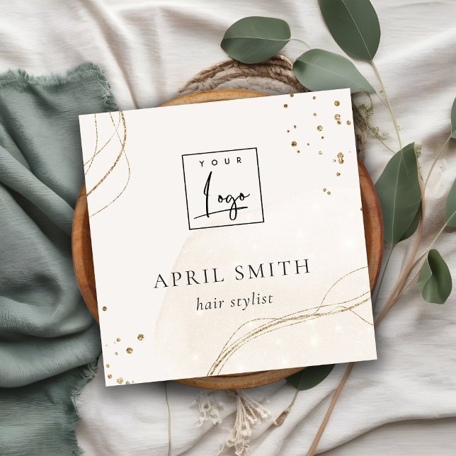 Elegant Abstract Glitter Ivory Gold QR Code Logo Square Business Card (Creator Uploaded)