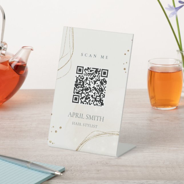 Elegant Abstract Glitter Ivory Gold QR Code Pedestal Sign (In SItu)