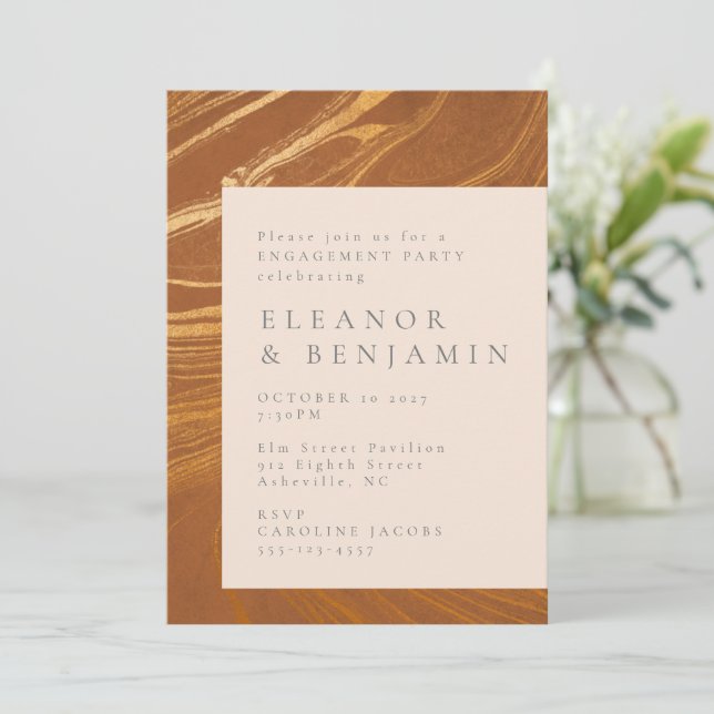 Elegant Abstract Gold and Bronze Engagement Party  Invitation (Standing Front)