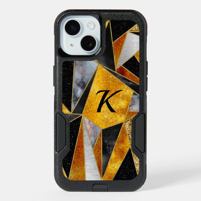 Elegant abstract gold black geometric otter box iPhone 15 case (Back)
