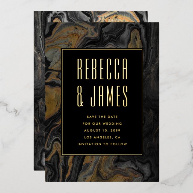 Elegant Abstract Gold Black Marble Wedding  Foil Invitation (Front/Back)