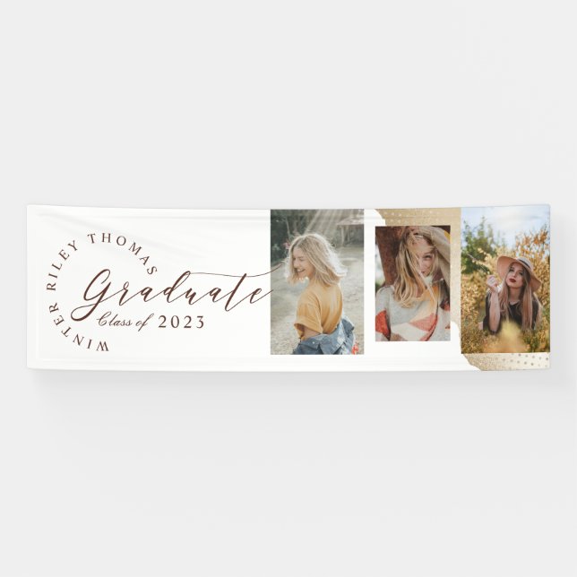 Elegant Abstract Gold Polka Dot Grad Three Photo Banner (Horizontal)