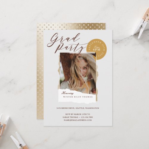 Elegant Abstract Gold Polka Dot Graduate Photo Invitation