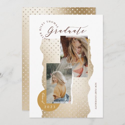 Elegant Abstract Gold Polka Dot Graduate Two Photo Invitation