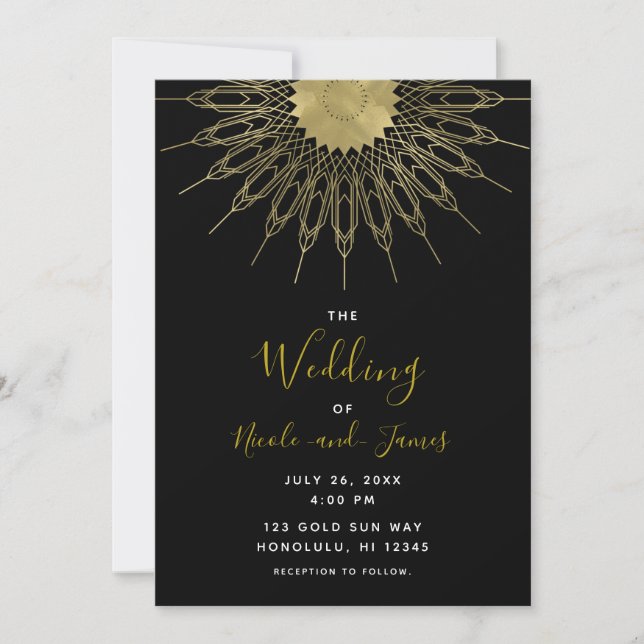 Elegant Abstract Gold Sun Mandala Black Wedding Invitation (Front)