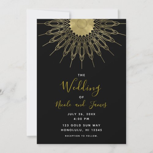 Elegant Abstract Gold Sun Mandala Black Wedding Invitation