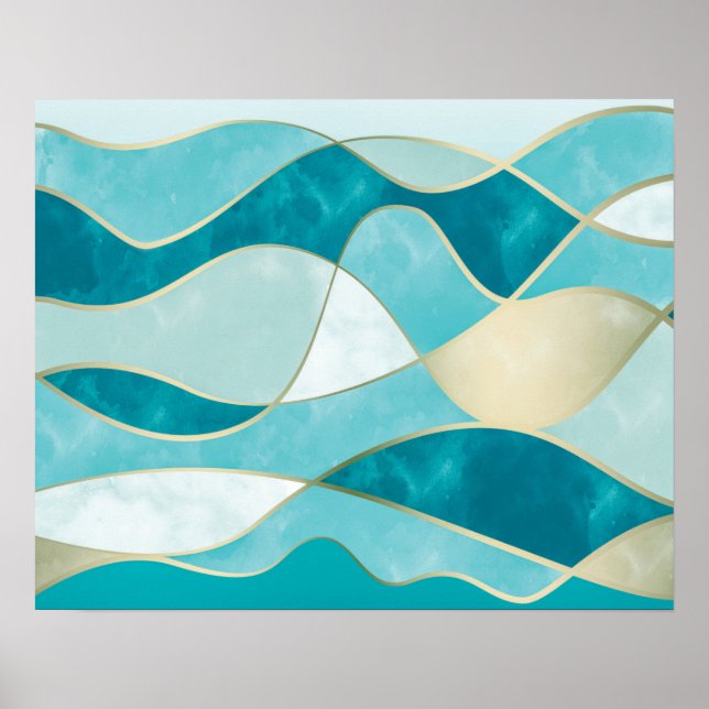 Elegant Abstract Gold Waves & Teal Marble Grunge | Poster (Front)