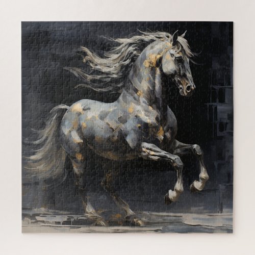 Elegant Abstract Grey with Gold Baroque Horse Jigsaw Puzzle