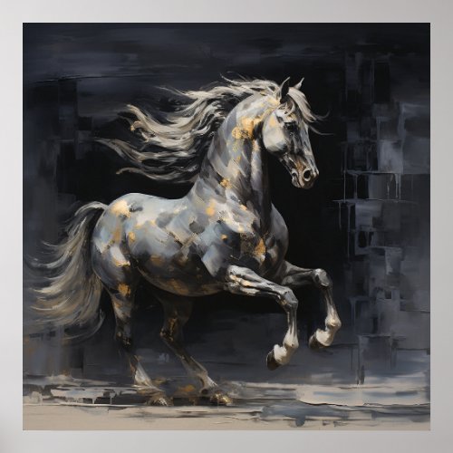 Elegant Abstract Grey with Gold Baroque Horse Poster