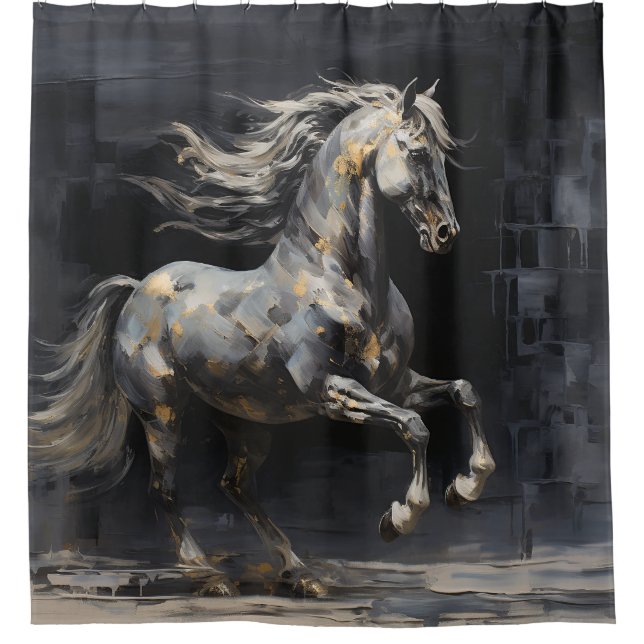 Elegant Abstract Grey with Gold Baroque Horse Shower Curtain (Front)