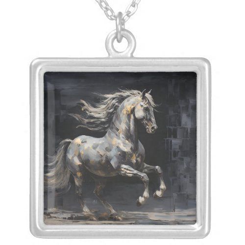 Elegant Abstract Grey with Gold Baroque Horse Silver Plated Necklace