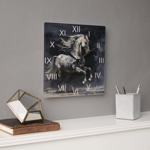 Elegant Abstract Grey with Gold Baroque Horse Square Wall Clock