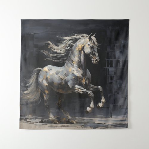 Elegant Abstract Grey with Gold Baroque Horse Tapestry