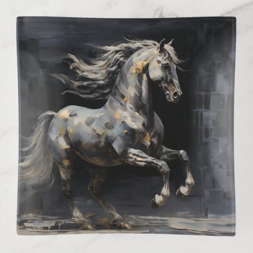Elegant Abstract Grey with Gold Baroque Horse Trinket Tray