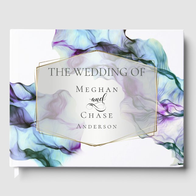 Elegant Abstract Indigo Teal Ink Swirls Guest Book (Front)