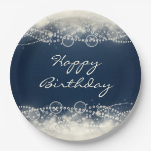 Elegant Abstract Lace and Pearls Happy Birthday Paper Plates