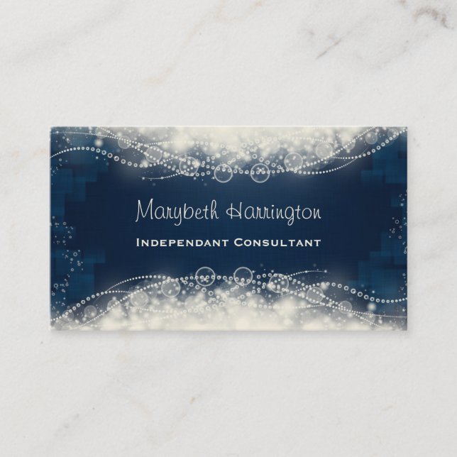 Elegant Abstract Lace and Pearls on Dark Blue Business Card (Front)