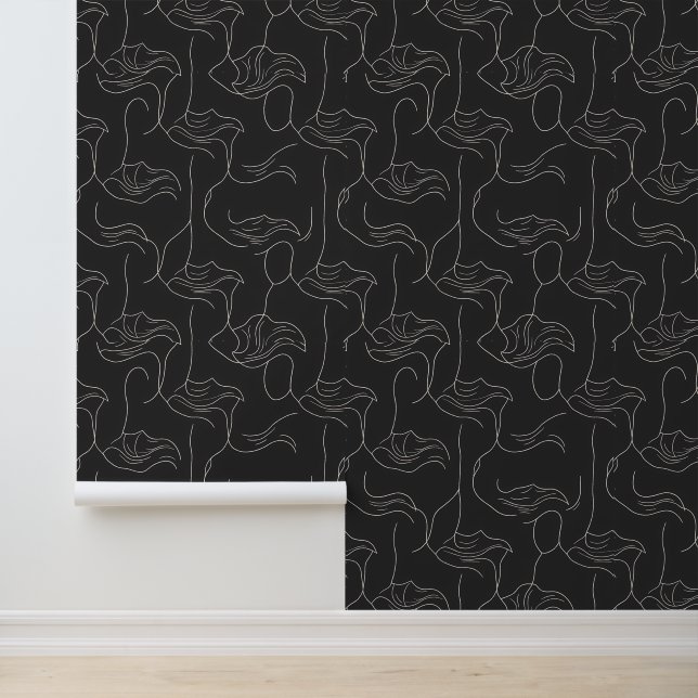 Elegant Abstract Line Art Pattern on Black Wallpaper (Application)