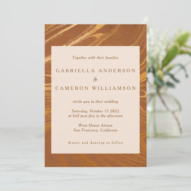 Elegant Abstract Marble Swirl Gold Bronze Wedding Invitation (Standing Front)