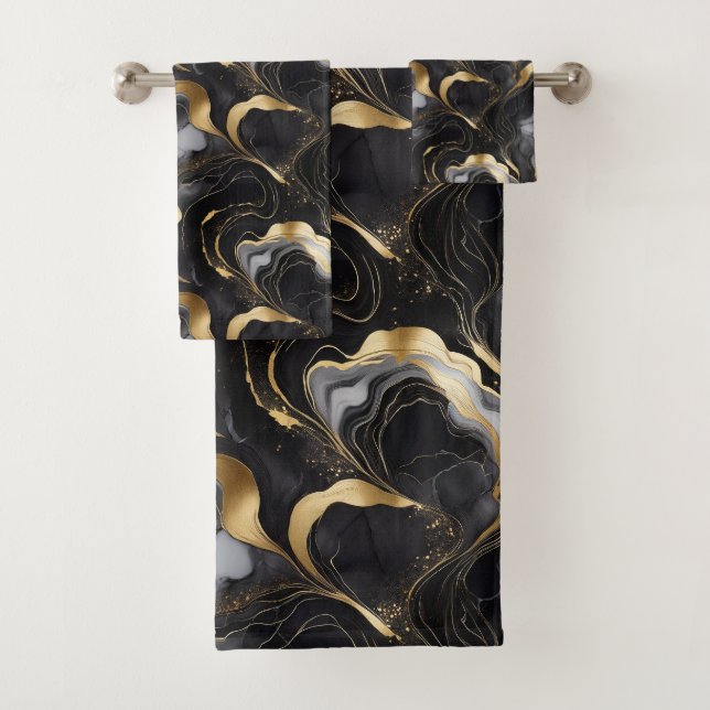 Elegant Abstract Marbleized Black, Gold, and White Bath Towel Set (Insitu)